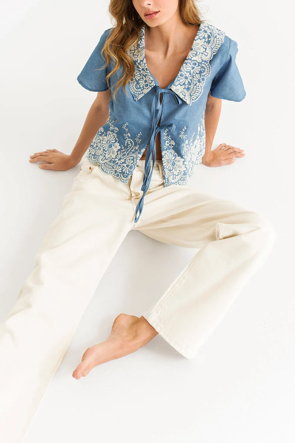 Meryl Blue | Denim Blouse w/ Floral embroidery & Tied Bows