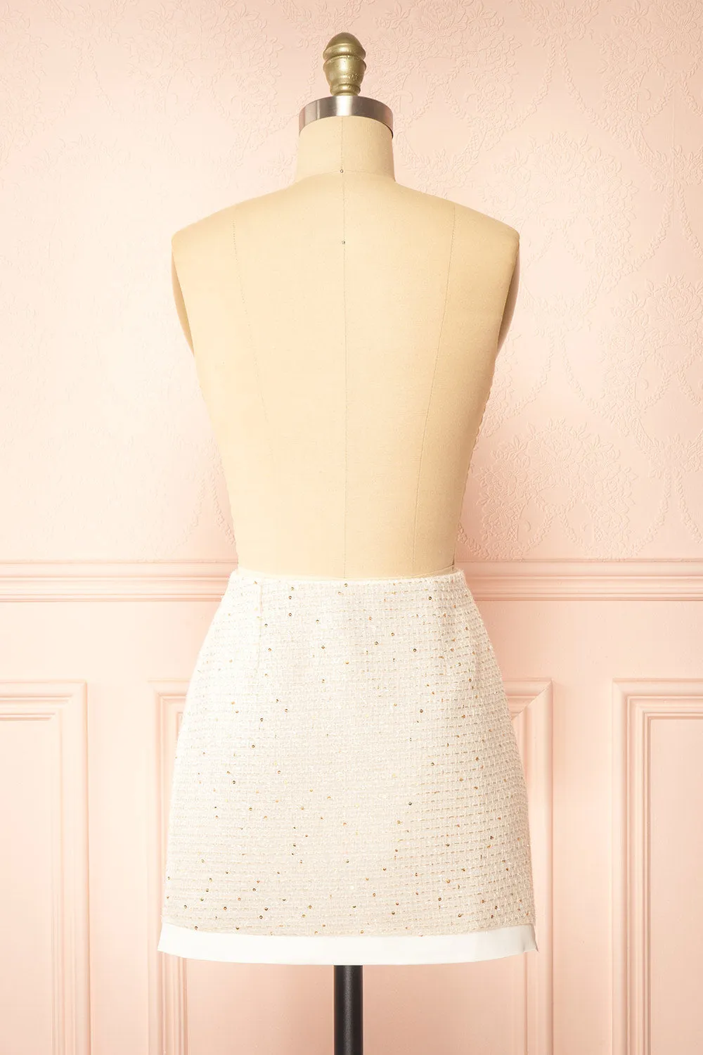 Miskilee | Beige Tweed Mini Skirt w/ Sequins