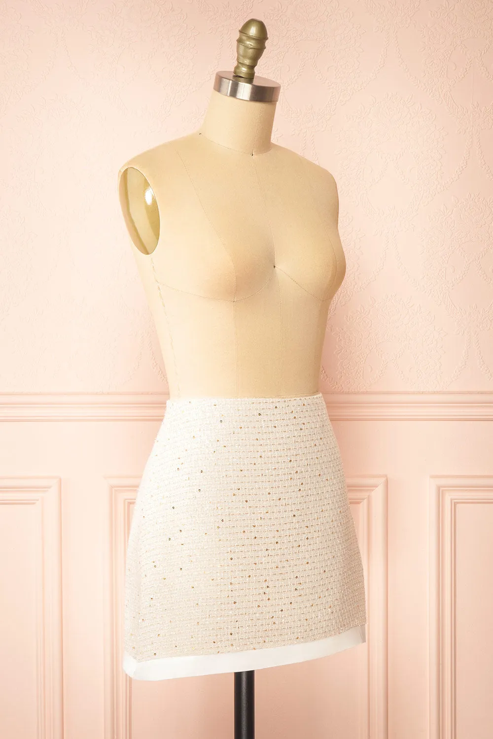 Miskilee | Beige Tweed Mini Skirt w/ Sequins
