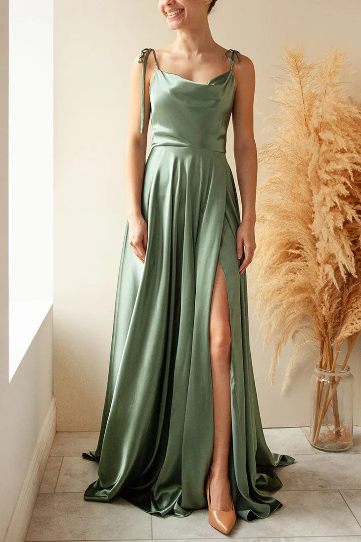 Moira Khaki | Cowl Neck Satin Maxi Dress w/ High Slit