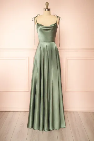 Moira Khaki | Cowl Neck Satin Maxi Dress w/ High Slit