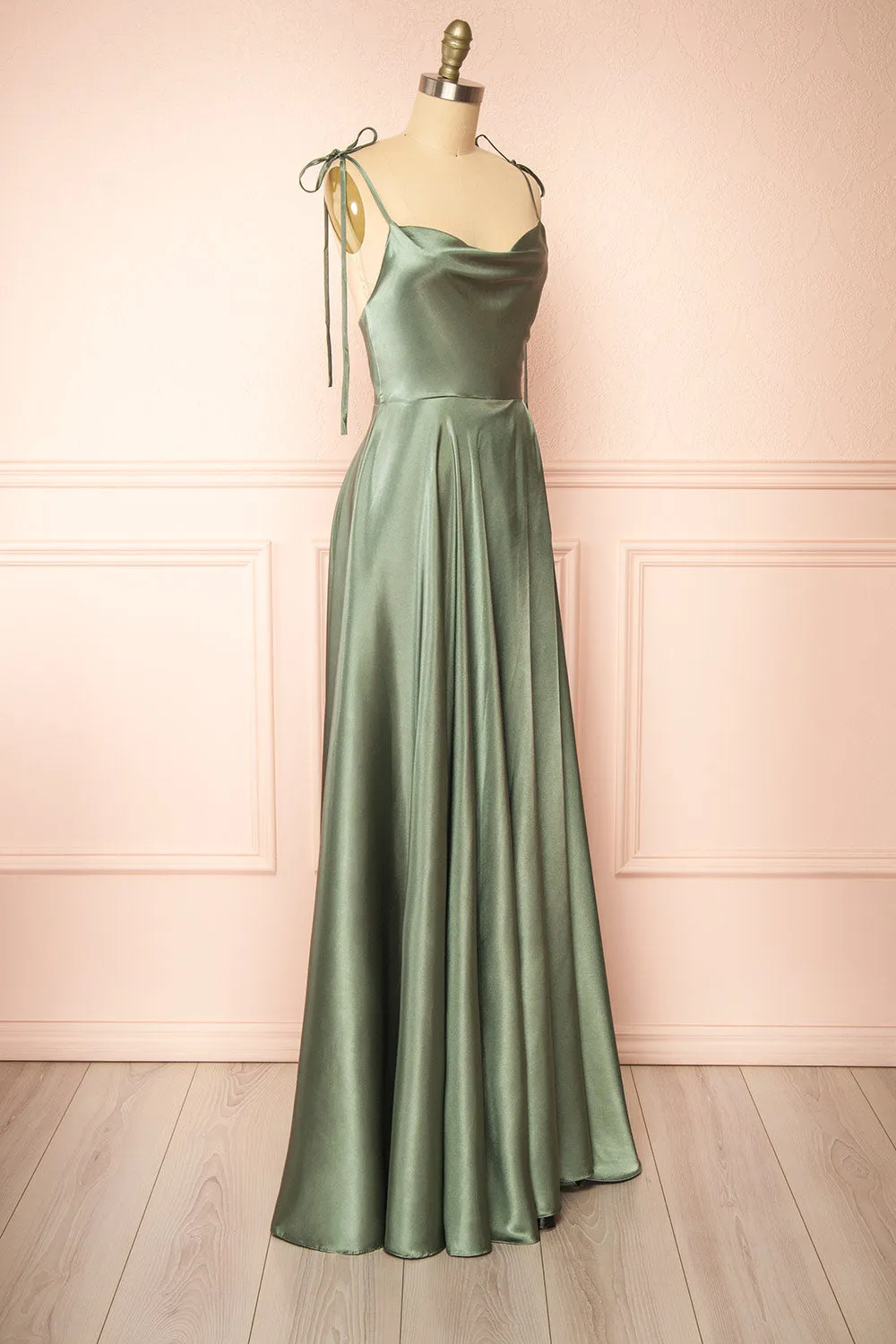 Moira Khaki | Cowl Neck Satin Maxi Dress w/ High Slit