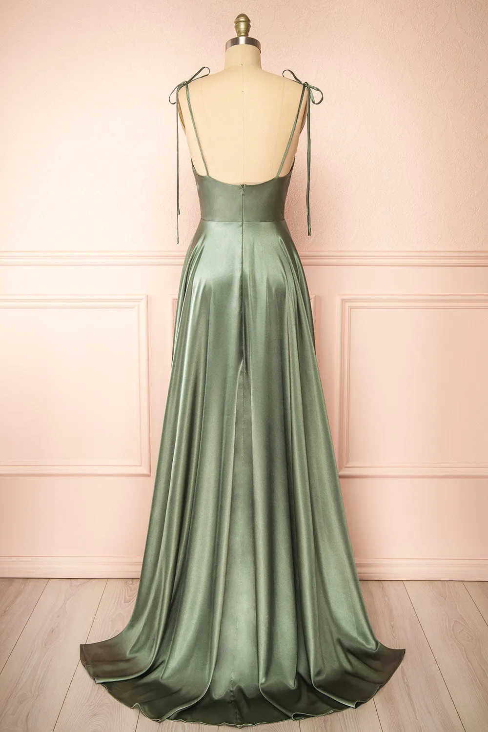 Moira Khaki | Cowl Neck Satin Maxi Dress w/ High Slit