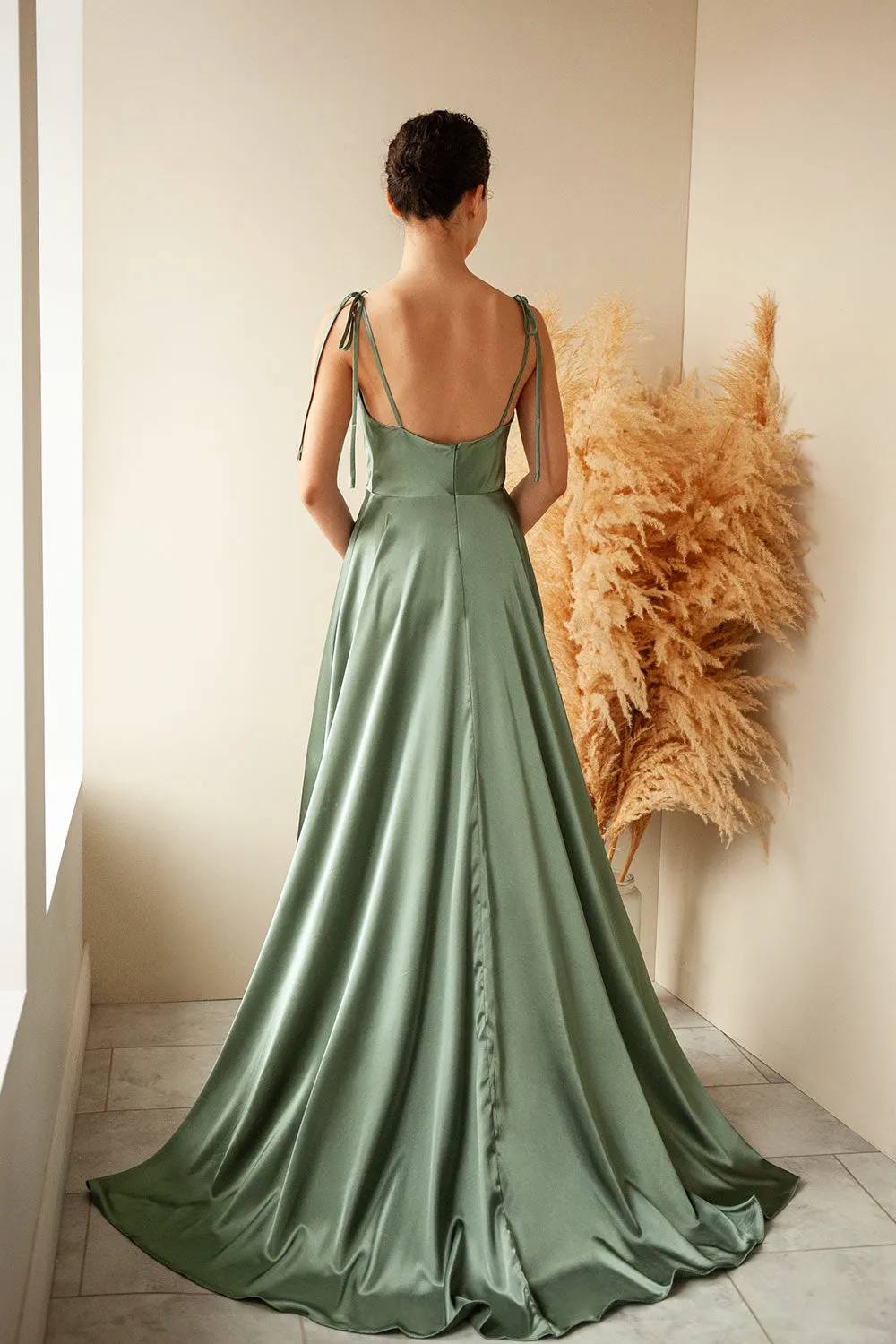 Moira Khaki | Cowl Neck Satin Maxi Dress w/ High Slit