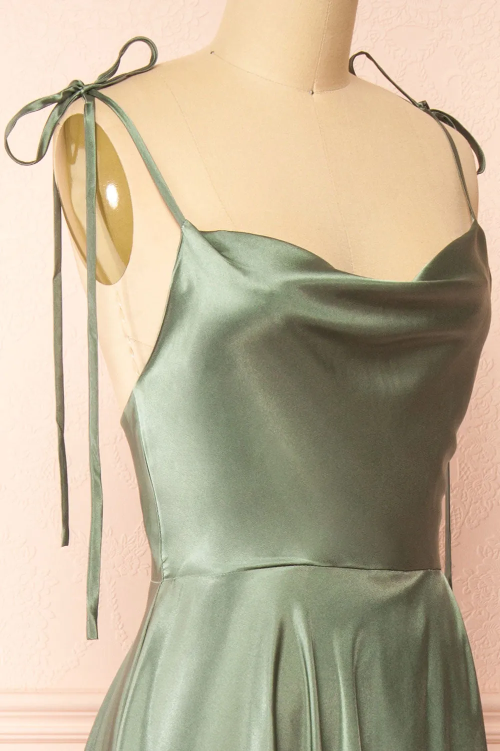 Moira Khaki | Cowl Neck Satin Maxi Dress w/ High Slit