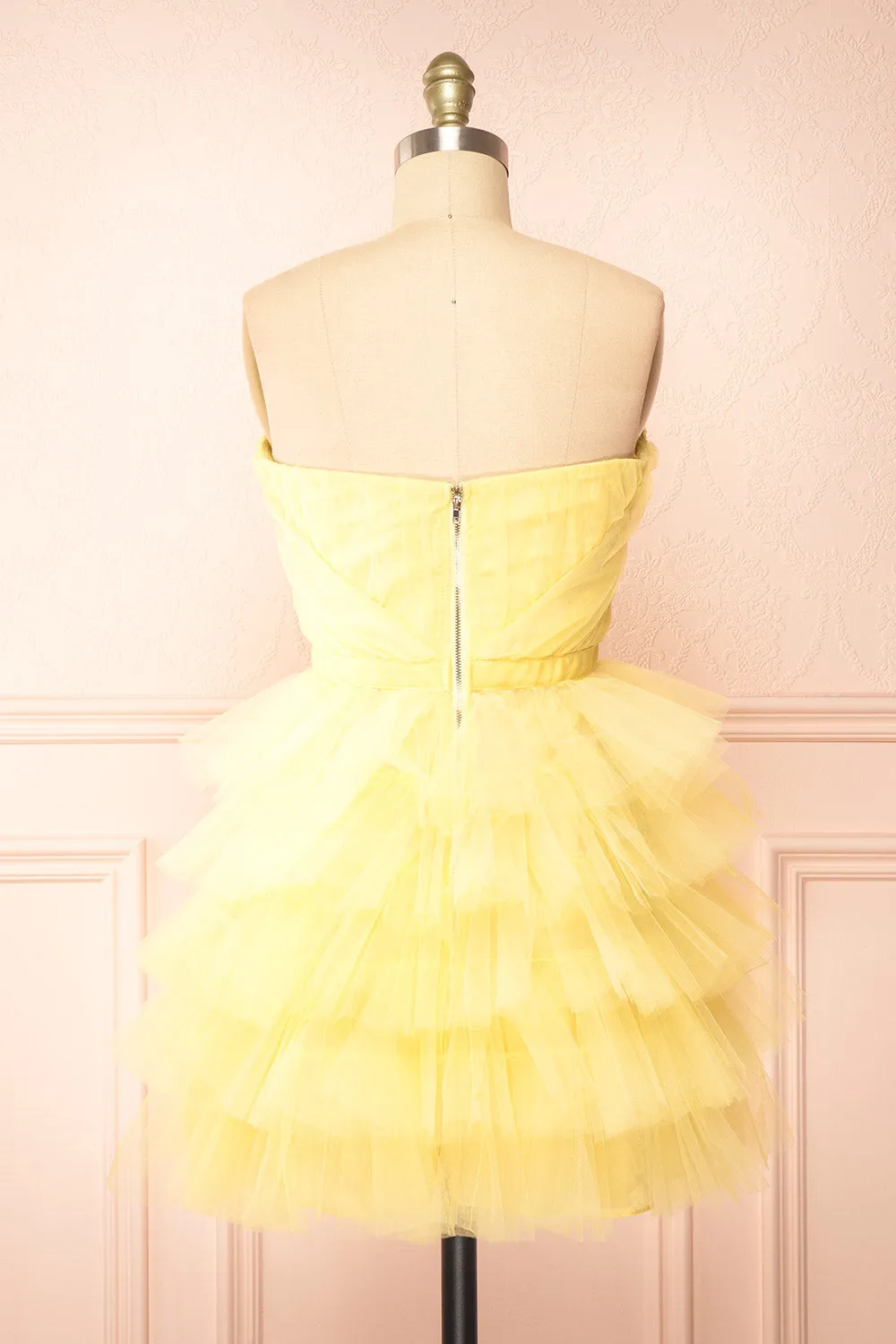Myrah Yellow | Strapless Tiered Tulle Short Dress