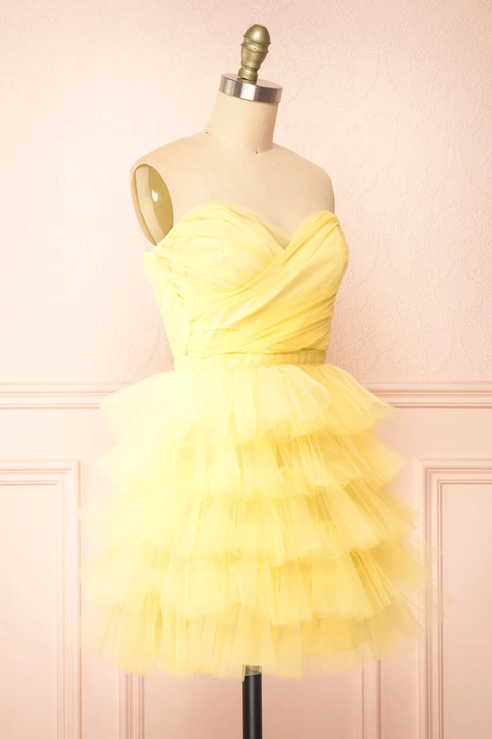 Myrah Yellow | Strapless Tiered Tulle Short Dress