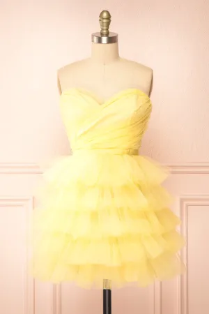 Myrah Yellow | Strapless Tiered Tulle Short Dress