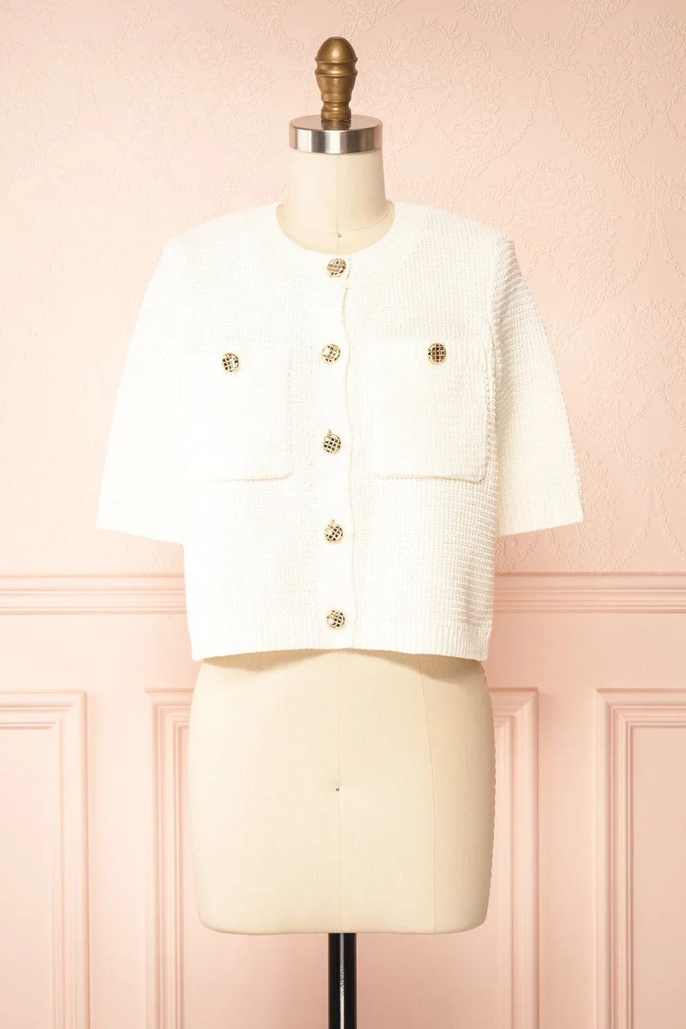 Nadima | Ivory Knit Cardigan w/ Pockets & Gold Buttons