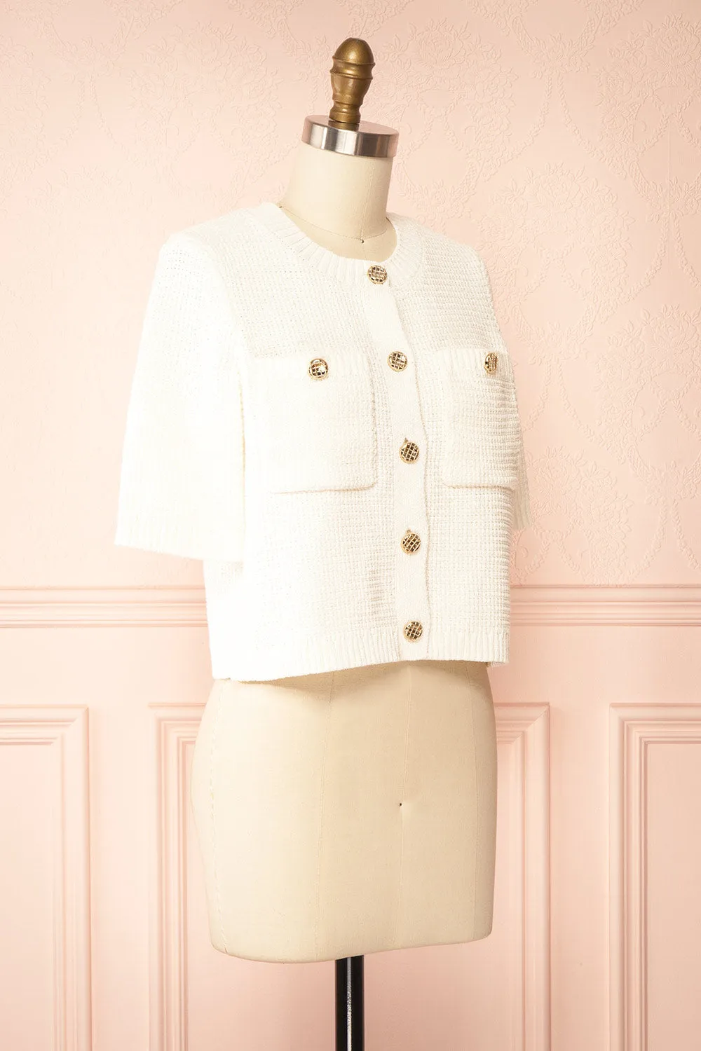 Nadima | Ivory Knit Cardigan w/ Pockets & Gold Buttons