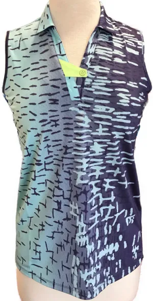 New Jamie Sadock Sleeveless Patterned Polo in Aqua & Dark Purple, Size S  MSP$89