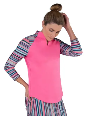 New Jofit 3/4 Sleeve Mock in Pink w/ Striped Raglan Sleeves MSP$90