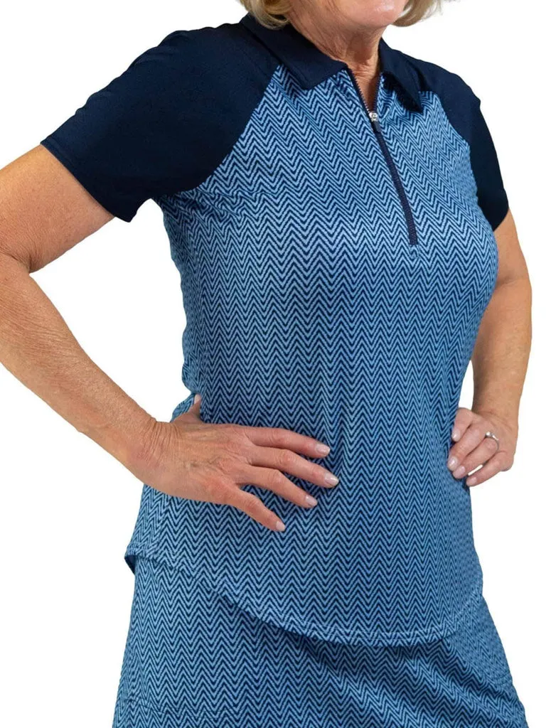 New Jofit Short Sleeve Raglan Polo in Navy & Powder Blue Chevrons Size S. MSP$90