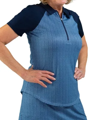 New Jofit Short Sleeve Raglan Polo in Navy & Powder Blue Chevrons Size S. MSP$90