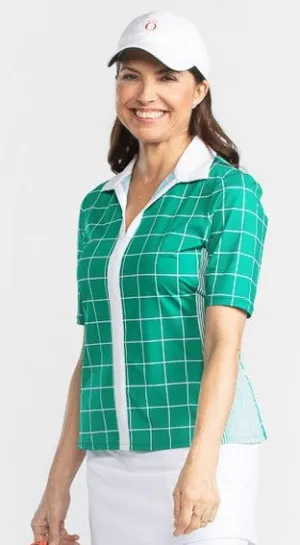 New Kinona Sweet & Slim V-neck 1/2 Sleeve Windowpane Green Golf Polo Size S