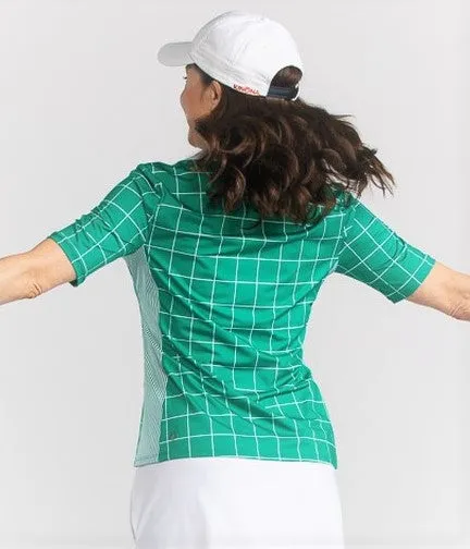 New Kinona Sweet & Slim V-neck 1/2 Sleeve Windowpane Green Golf Polo Size S