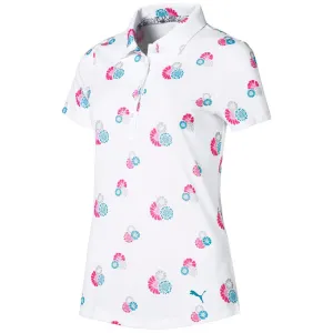 New Puma White Blossom Polo w/ Pink, Gray & Turquoise Flowers w/ Sleeve Logo