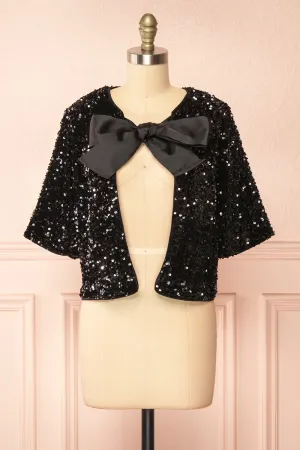 Nyala | Short-Sleeved Black Sequins Cardigan