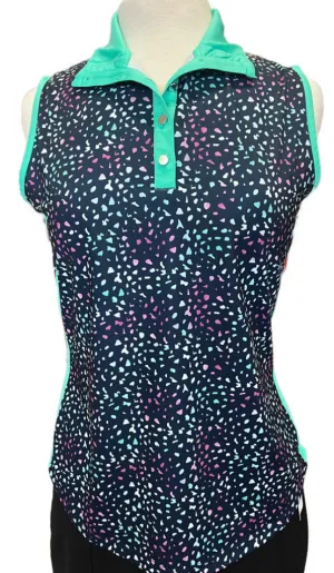 Page & Tuttle Cool Swing Teal and Navy Abstract Speck Sleeveless Polo Size M