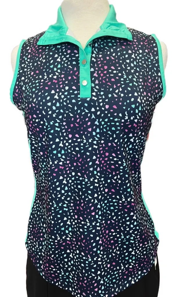 Page & Tuttle Cool Swing Teal and Navy Abstract Speck Sleeveless Polo Size M