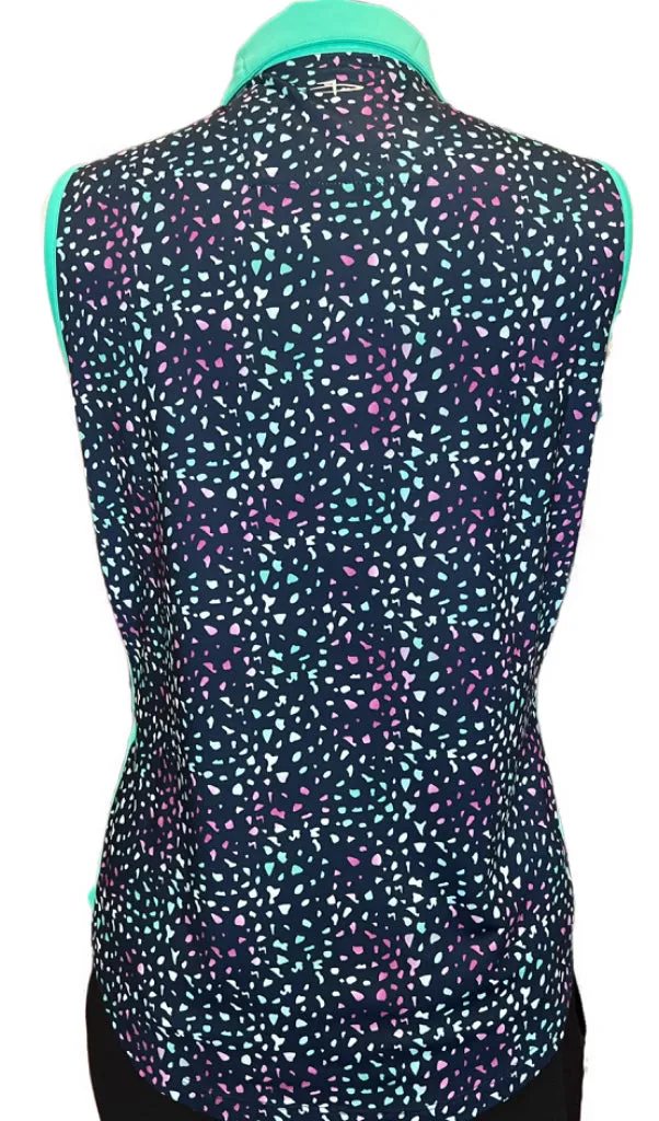 Page & Tuttle Cool Swing Teal and Navy Abstract Speck Sleeveless Polo Size M