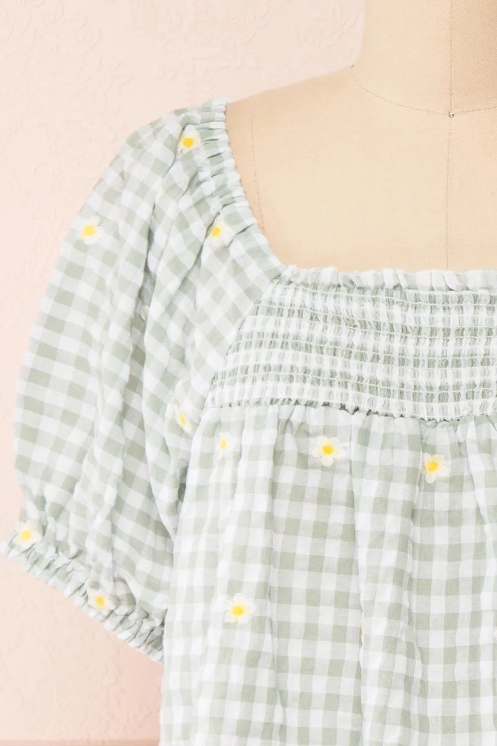 Paloma Green | Gingham Top w/ Floral Embroidery