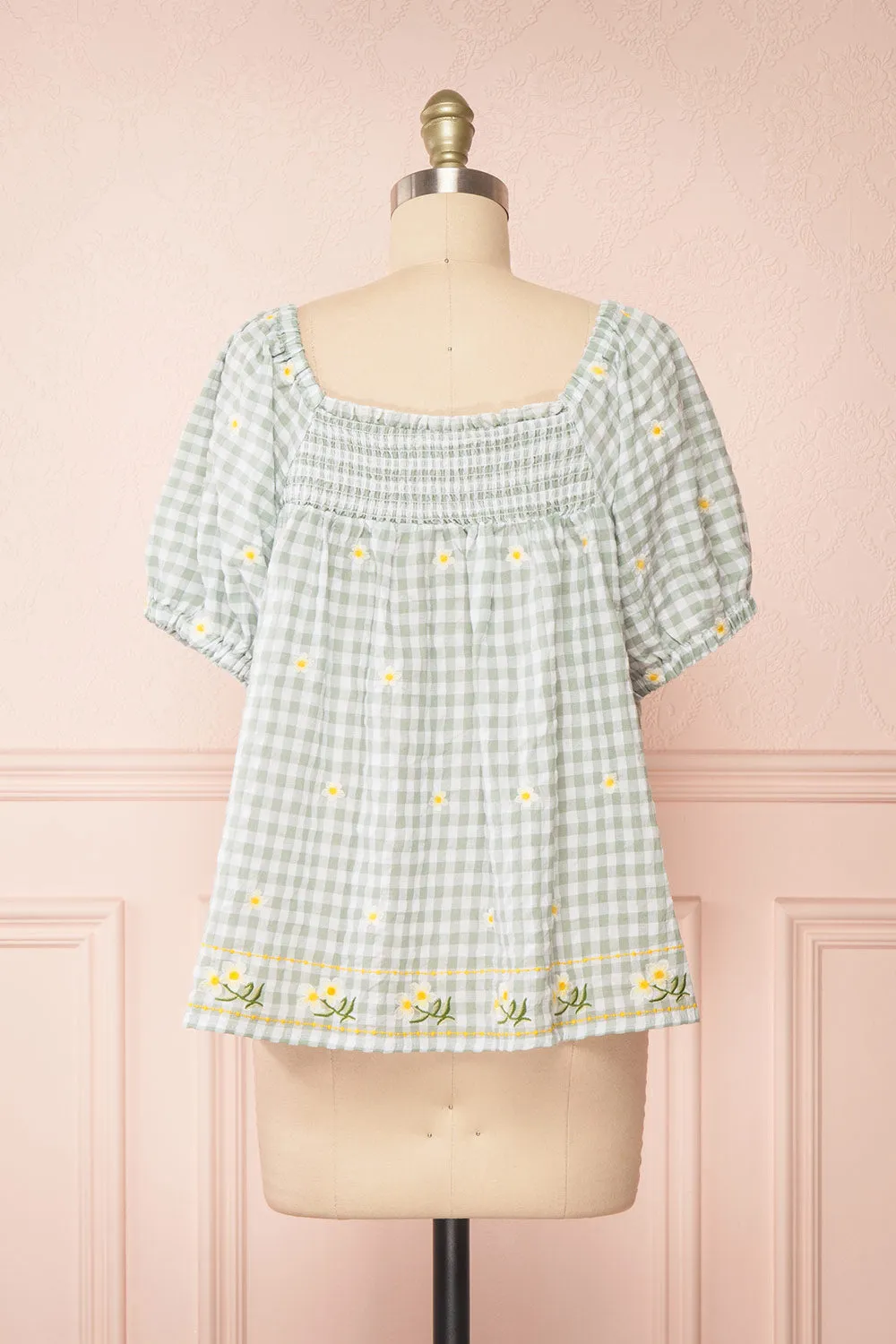 Paloma Green | Gingham Top w/ Floral Embroidery