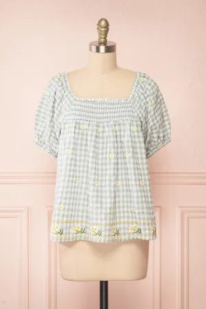 Paloma Green | Gingham Top w/ Floral Embroidery