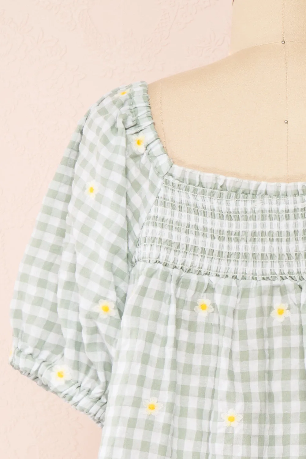 Paloma Green | Gingham Top w/ Floral Embroidery