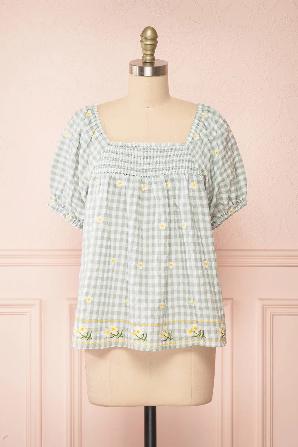 Paloma Green | Gingham Top w/ Floral Embroidery