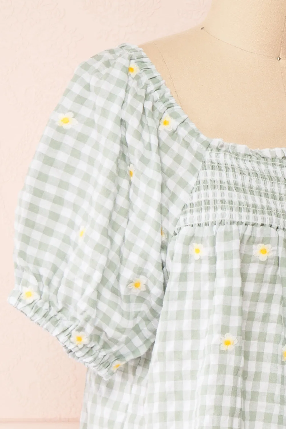 Paloma Green | Gingham Top w/ Floral Embroidery