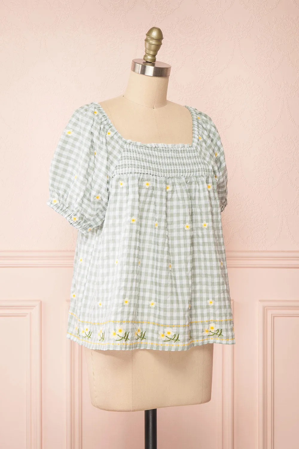 Paloma Green | Gingham Top w/ Floral Embroidery