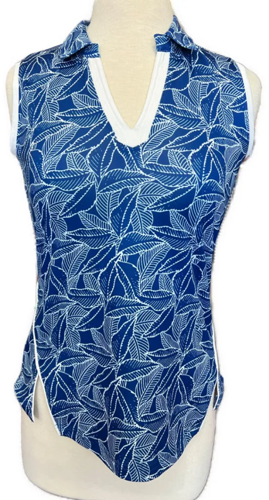 Pebble Beach Royal & white Palm Print Sleeveless Golf Polo Size M