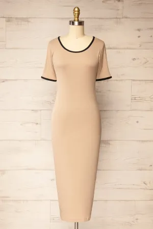 Phloriane Beige | Ribbed Midi Dress w/ Black Trim