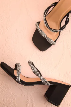 Prairie Black | Strappy Mid Heel Suede Sandals w/ Crystals