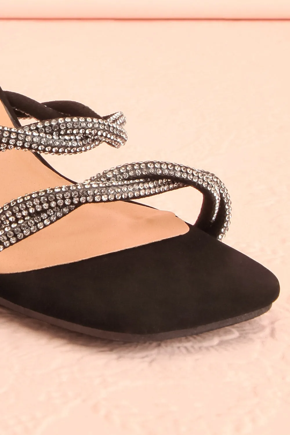 Prairie Black | Strappy Mid Heel Suede Sandals w/ Crystals