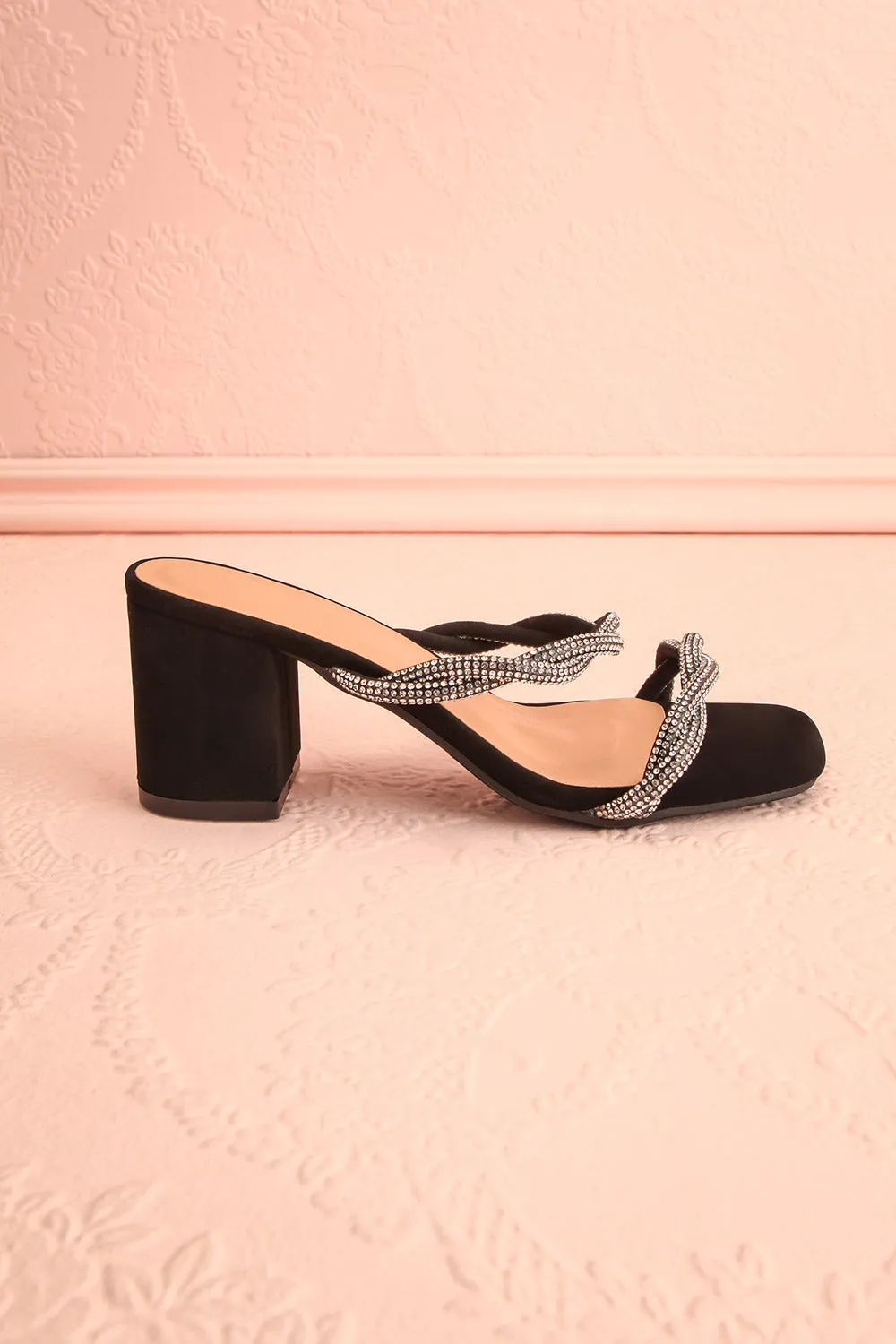Prairie Black | Strappy Mid Heel Suede Sandals w/ Crystals