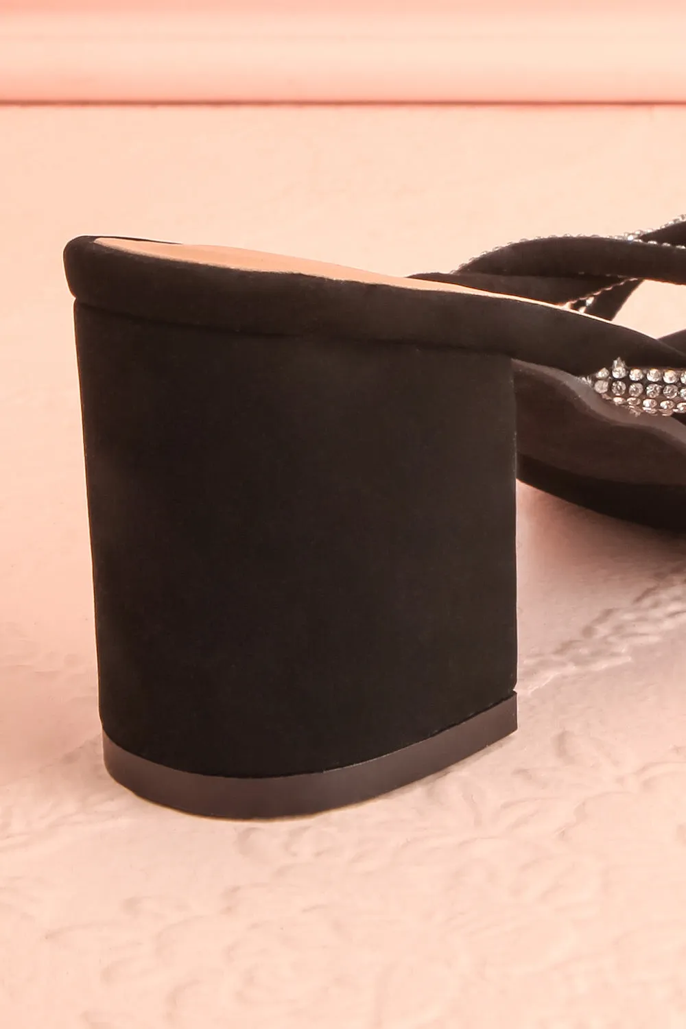 Prairie Black | Strappy Mid Heel Suede Sandals w/ Crystals