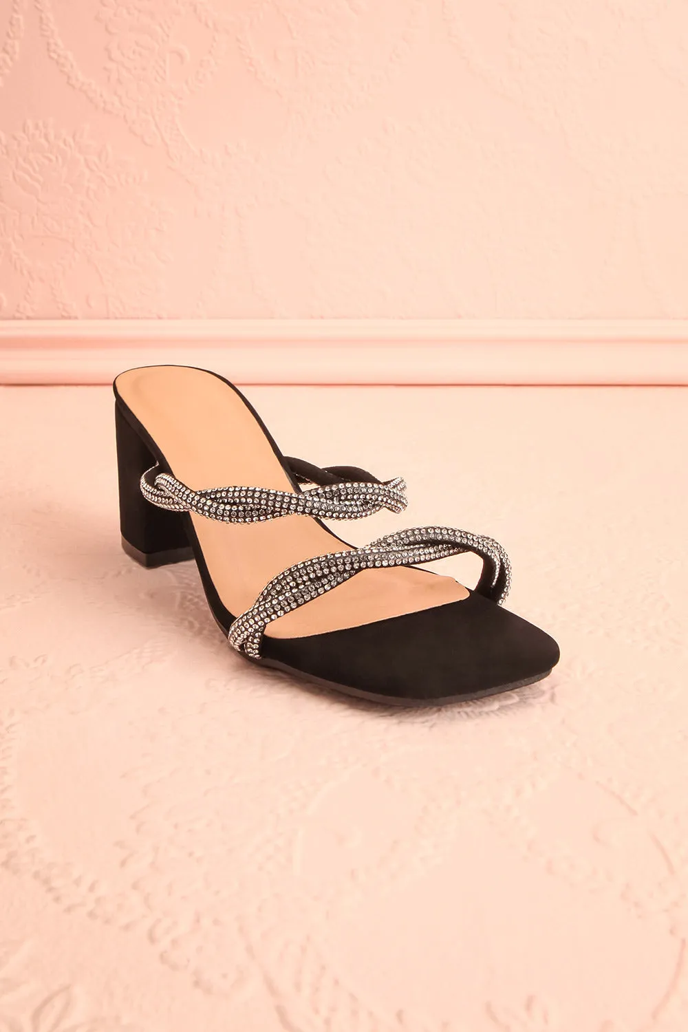 Prairie Black | Strappy Mid Heel Suede Sandals w/ Crystals