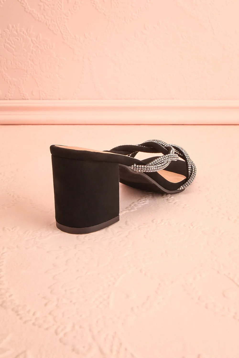 Prairie Black | Strappy Mid Heel Suede Sandals w/ Crystals