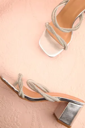 Prairie Silver | Strappy Mid Heel Sandals w/ Crystals