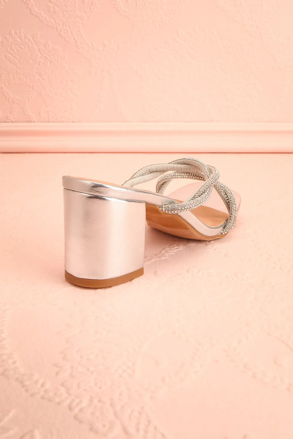 Prairie Silver | Strappy Mid Heel Sandals w/ Crystals