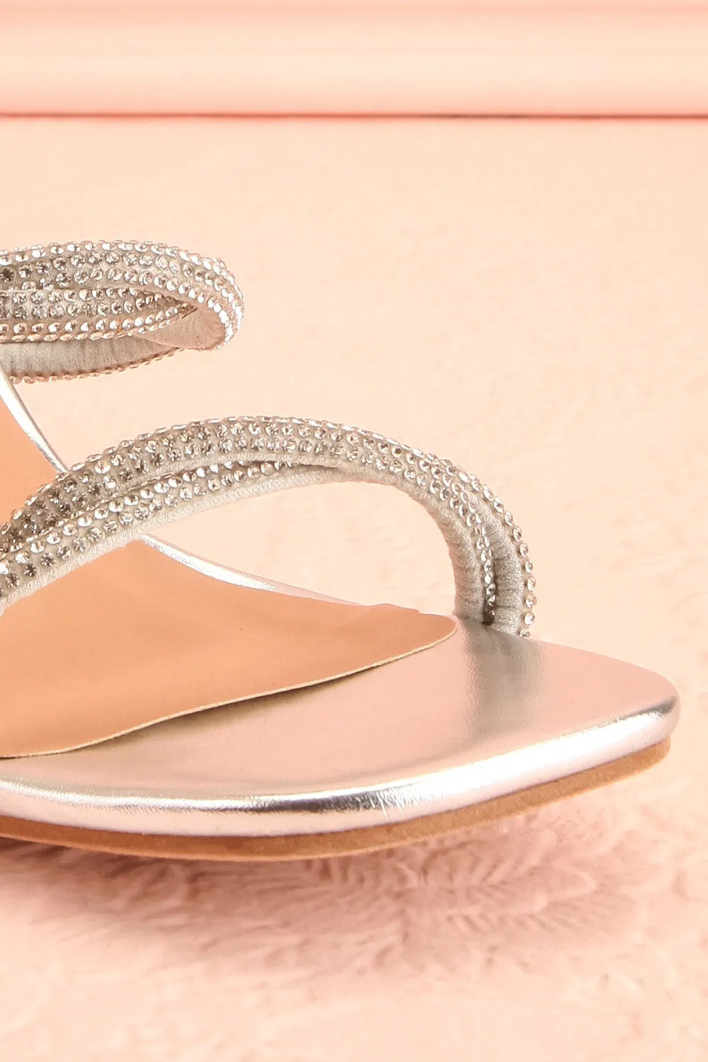 Prairie Silver | Strappy Mid Heel Sandals w/ Crystals