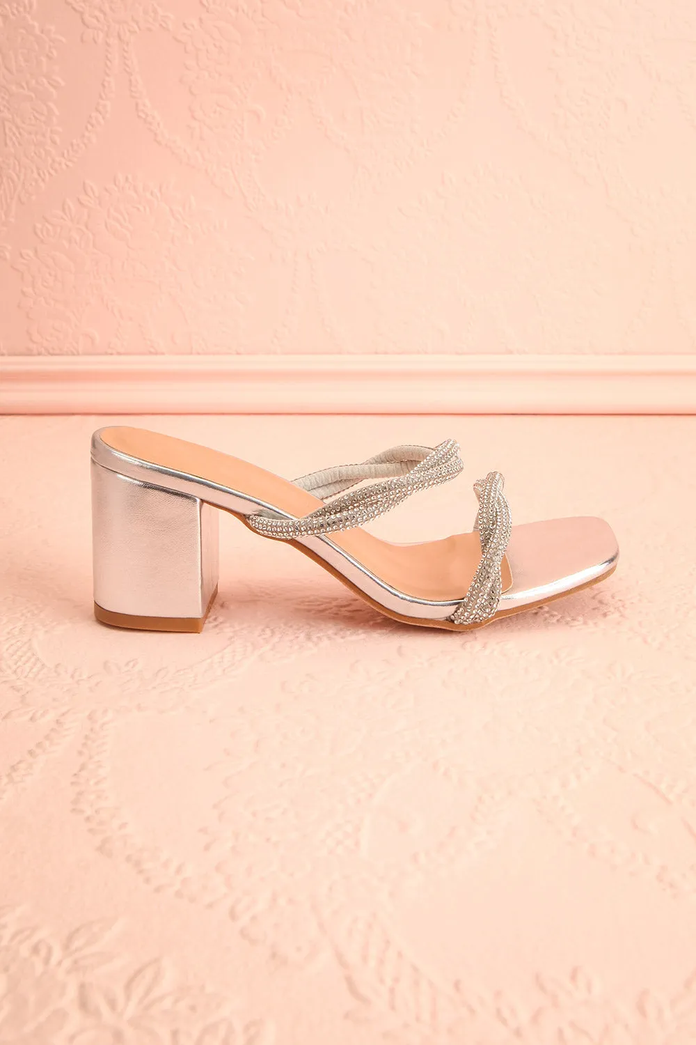 Prairie Silver | Strappy Mid Heel Sandals w/ Crystals