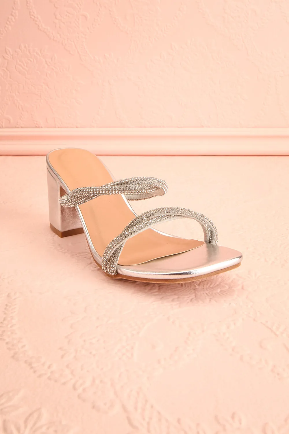 Prairie Silver | Strappy Mid Heel Sandals w/ Crystals