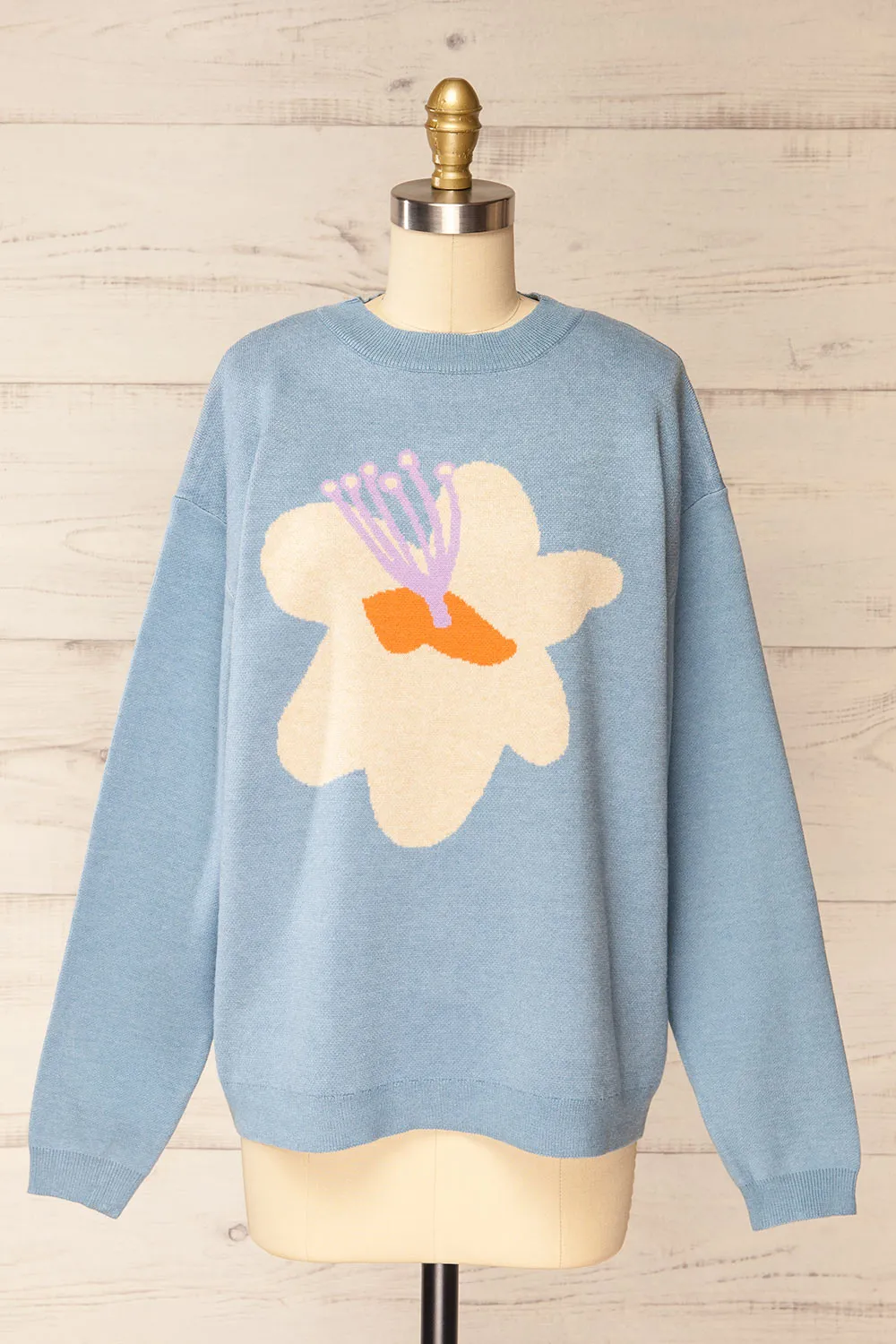Rambouillet | Blue Knit Crewneck w/ Flower Detail