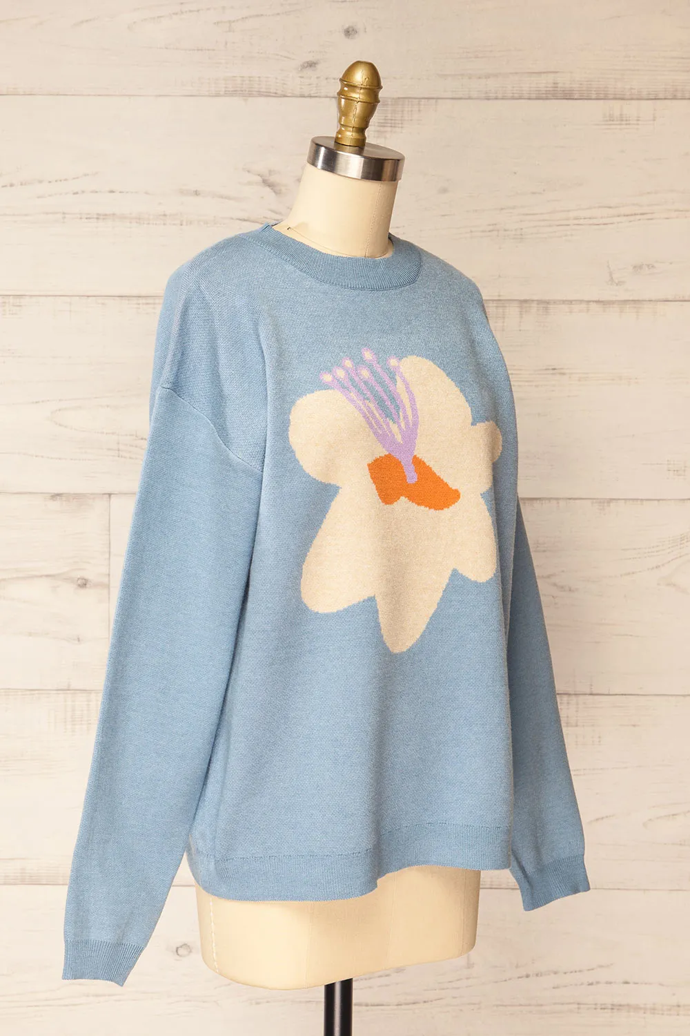 Rambouillet | Blue Knit Crewneck w/ Flower Detail