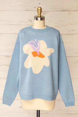 Rambouillet | Blue Knit Crewneck w/ Flower Detail