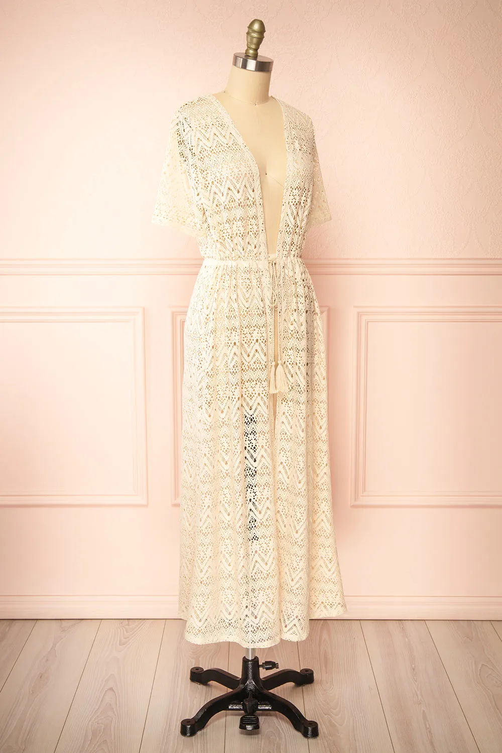 Ramira Beige | Long Crochet Kimono w/ Short Sleeves