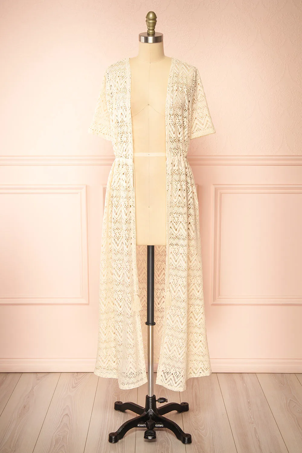 Ramira Beige | Long Crochet Kimono w/ Short Sleeves